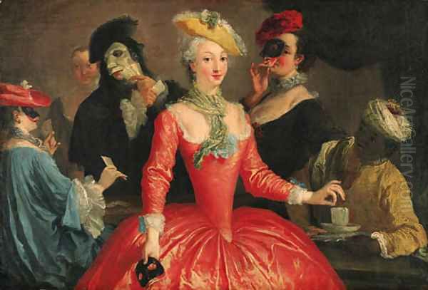 Elegant company in masque costume taking coffee and playing cards Oil Painting by Pietro Longhi