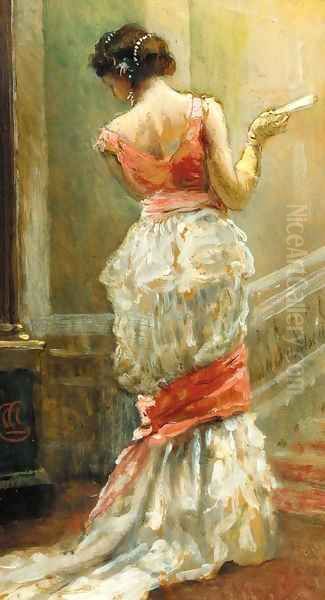 Portrait of a lady, full-length, in a white dress, holding a fan, by a staircase Oil Painting by Albert Ludovici