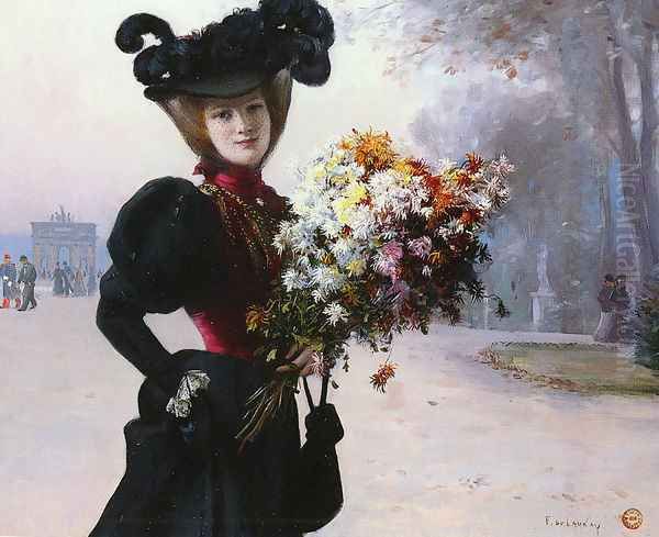 La Femme Au Fleurs, Jardin Du Tuileries (Lady with Flowers, Garden of the Tuileries) Oil Painting by Fernand de Launay