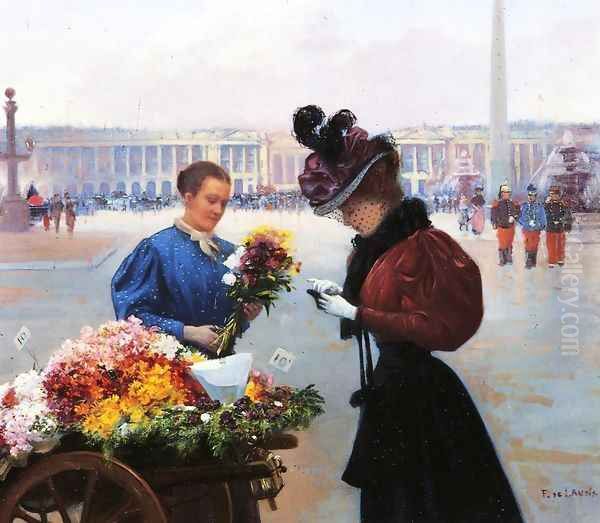 Flower Merchant, Place de la Concorde, Paris Oil Painting by Fernand de Launay