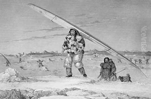 An Eskimaux of Igloolik wearing a bird-skin jacket carrying his canoe down to the water Oil Painting by Captain George Francis Lyon