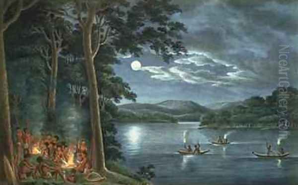 Fishing by torchlight other Aborigines beside camp fires cooking fish from his Drawings of the natives and scenery of Van Diemens Land 1830 Oil Painting by Joseph Lycett