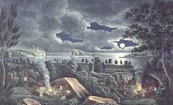 Aborigines Resting by a Camp Fire showing Newcastle Harbour and Nobbys Oil Painting by Joseph Lycett