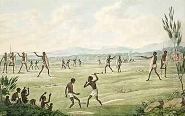 Contest with spears shields and clubs from his Drawings of the natives and scenery of Van Diemens Land 1830 Oil Painting by Joseph Lycett