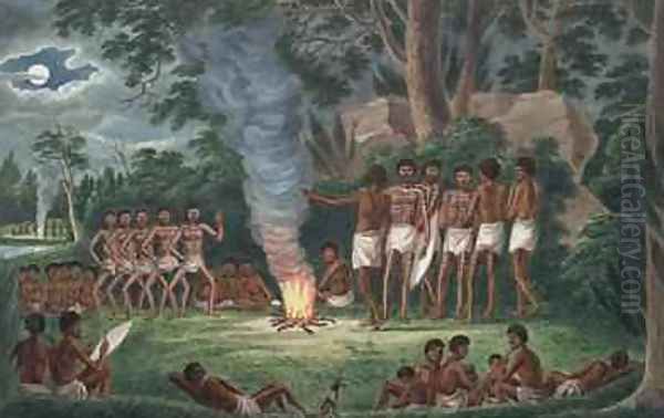 Corroboree around a camp fire from his Drawings of the natives and scenery of Van Diemens Land 1830 Oil Painting by Joseph Lycett