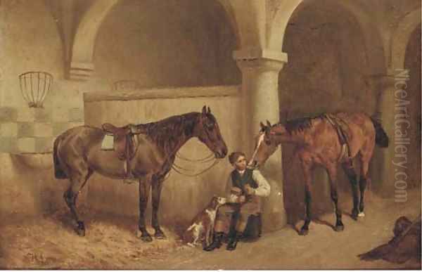 A huntsman in a stable Oil Painting by H.F. Lang