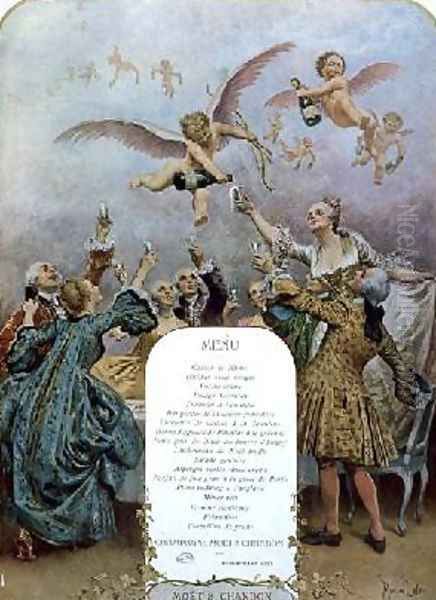 Ritz Restaurant menu depicting a group of elegant 18th century men and women drinking champagne served by cherubs Oil Painting by Maurice Leloir