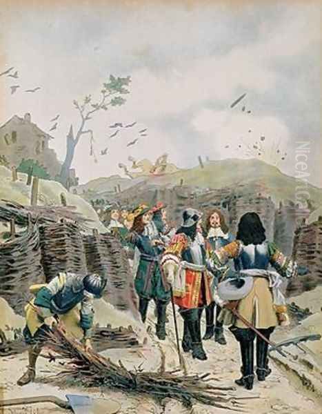 Louis XIV 1638-1715 visiting the trenches in Lille Oil Painting by Maurice Leloir