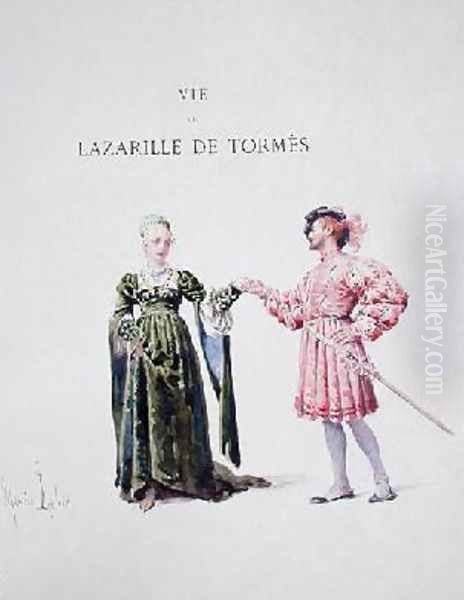 Lazarillo de Tormes with a Woman Oil Painting by Maurice Leloir