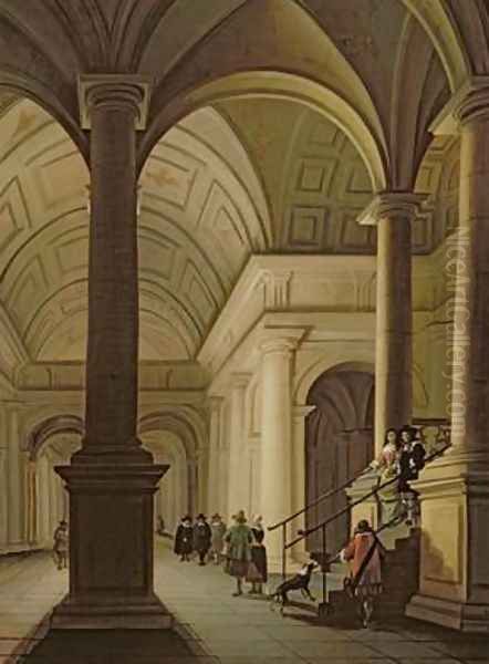 Palatial interior at night with an elegant couple making their entrance Oil Painting by Anthonie De Lorme