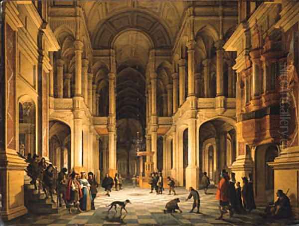 The Interior of a Renaissance-style Church at Night with an Elegant Couple making an Entrance Oil Painting by Anthonie De Lorme