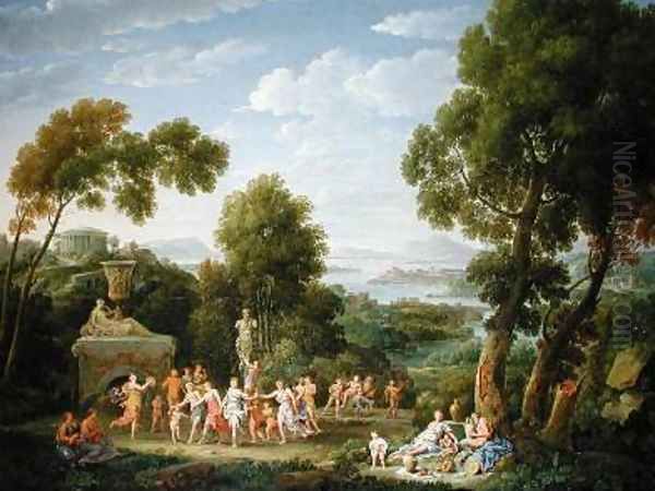 A Wooded Italianate Landscape with Nymphs Dancing 1728 Oil Painting by Hendrik Frans Van Lint