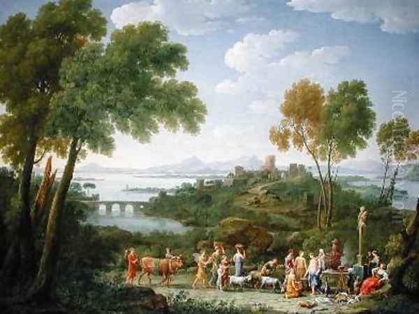 An Extensive Italianate Landscape with a Sacrifice 1728 Oil Painting by Hendrik Frans Van Lint