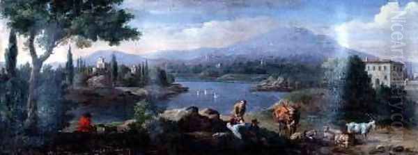 Italianate Landscape with Cowherds Resting Oil Painting by Hendrik Frans Van Lint