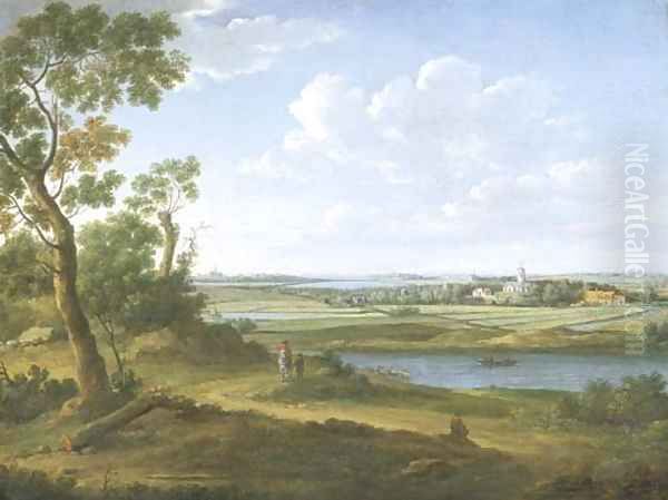 An extensive river landscape with a horseman and his servant on a path, villages and a town beyond Oil Painting by Hendrik Frans Van Lint