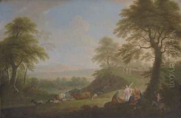 An extensive Italianate landscape with the Rest on the Flight into Egypt Oil Painting by Hendrik Frans Van Lint