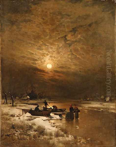 Winter by the river Oil Painting by Ludwig Lanckow