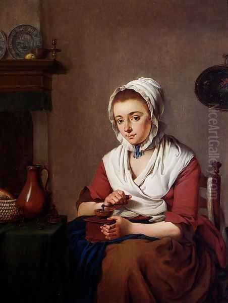 A Maid Grinding Coffee Oil Painting by Jacobus Johannes Lauwers