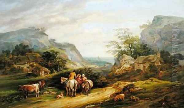 Landscape with figures and cattle Oil Painting by James Leakey