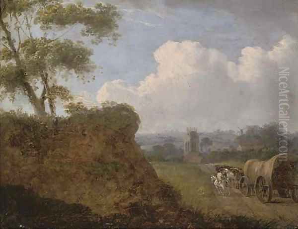 Travellers approaching a village Oil Painting by James Leakey