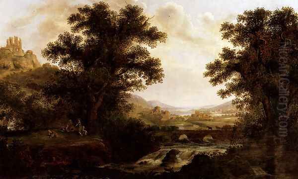 An Italianate Landscape With Drovers Crossing A Bridge And Figures By A Camp Fire Oil Painting by James Lambert