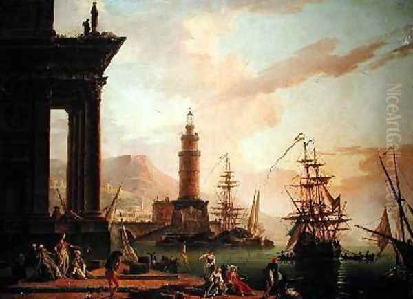 A Mediterranean Port Scene Oil Painting by Charles Francois Lacroix de Marseille