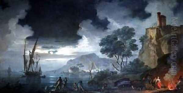 Evening a capriccio of a moonlit Mediterranean bay Oil Painting by Charles Francois Lacroix de Marseille