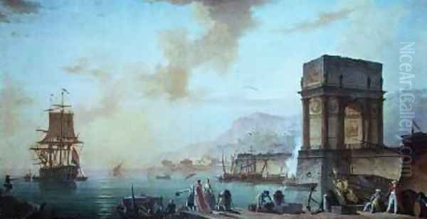 Morning a capriccio of a Mediterranean port Oil Painting by Charles Francois Lacroix de Marseille