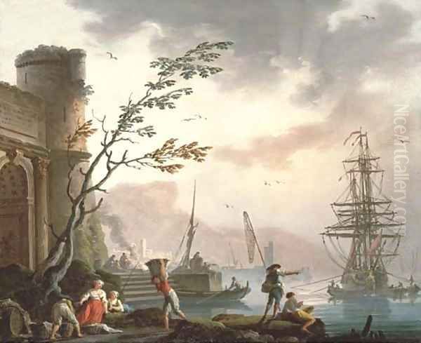 A Mediterranean port with fishermen on the shore Oil Painting by Charles Francois Lacroix de Marseille