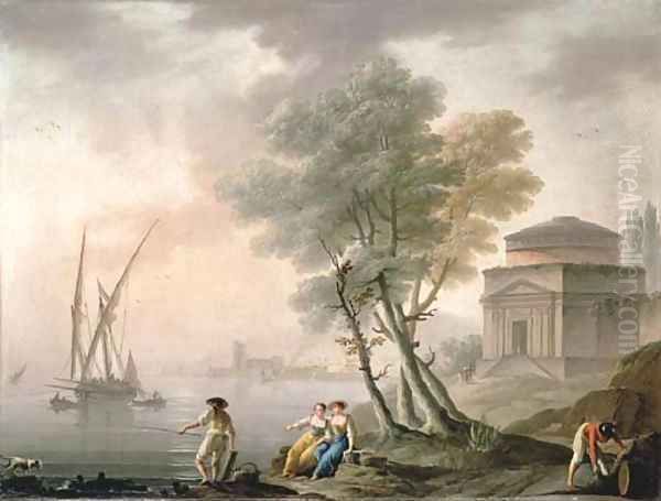 A Mediterranean port with fishermen on the shore, and a classical temple Oil Painting by Charles Francois Lacroix de Marseille