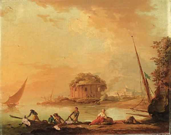 Fisherfolk pulling in their Nets at Dusk by a Mediterranean Harbour, a classical ruin beyond Oil Painting by Charles Francois Lacroix de Marseille