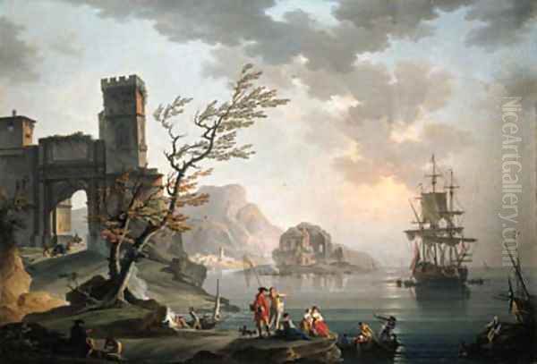 Morning a Mediterranean coast with fisherfolk, a fortified archway, a classical ruin and shipping beyond Oil Painting by Charles Francois Lacroix de Marseille