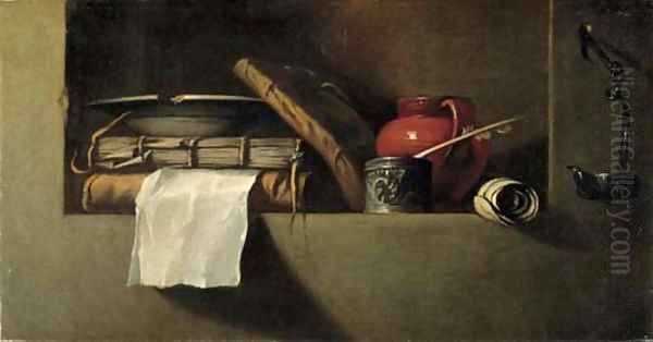 Books, a plate, an earthenware pitcher, an ink well and quill in a niche with an oil lamp on the wall nearby Oil Painting by Giovanni Battista Langetti