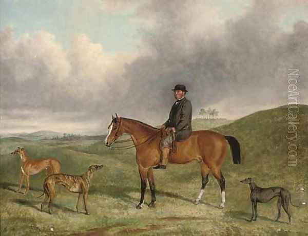 Portrait of Henry Beale Esq., on a hunter, with his greyhounds, including Sampler and Sapphire, in an extensive landscape Oil Painting by George Henry Laporte