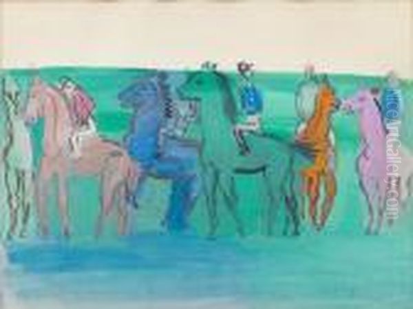 Groupe De Jockeys Et Chevaux Oil Painting by Raoul Dufy