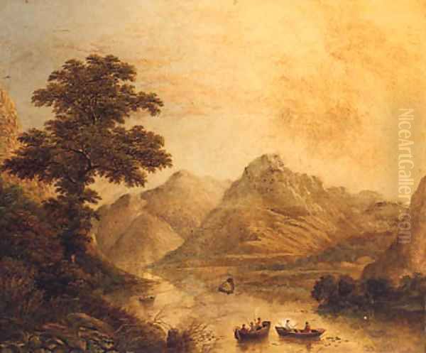 Anglers In Rowing Boats On A Lake In Cumberland Oil Painting by Charles Leaver