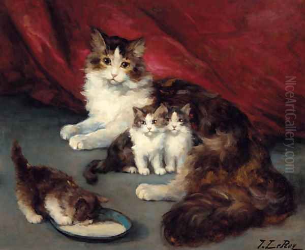 Kittens with their mother Oil Painting by Jules Leroy