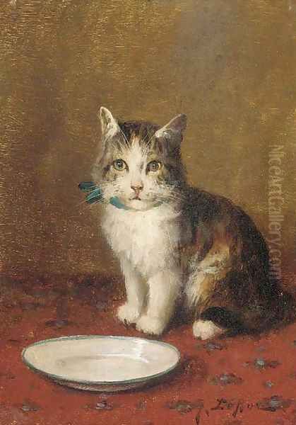 A cat with a bowl of milk Oil Painting by Jules Leroy