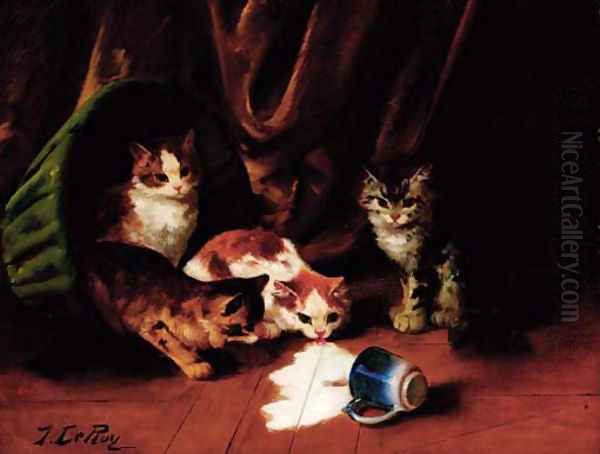 Kittens enjoying spilt milk Oil Painting by Jules Leroy