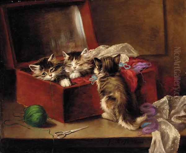 Kittens in a sewing box Oil Painting by Jules Leroy