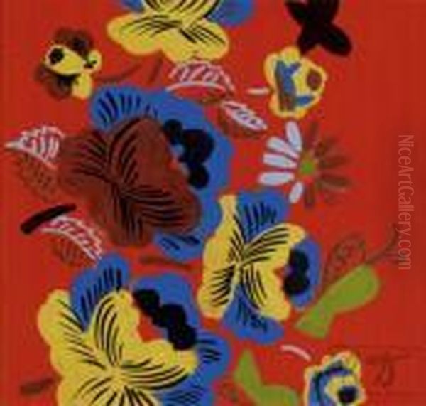 Etude Pour Textile - Fleurs Et Papillons Sur Fond Corail Oil Painting by Raoul Dufy