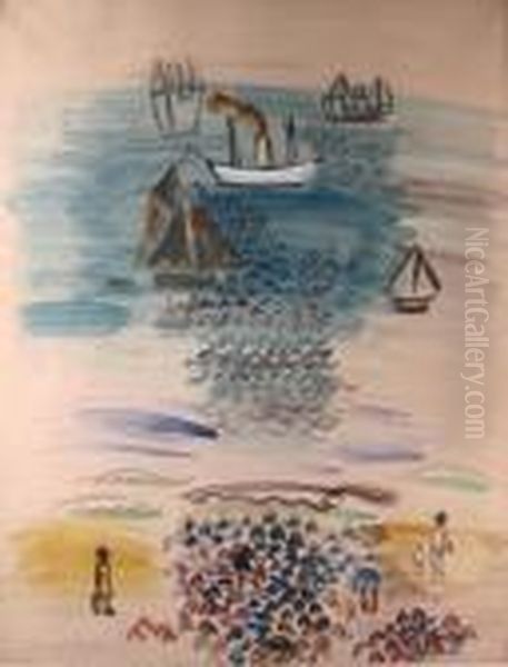 Boats And People On Beach Oil Painting by Raoul Dufy