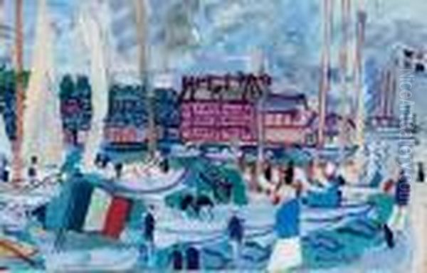 Voiliers Dans Le Bassin De Deauville Et Drapeau Oil Painting by Raoul Dufy