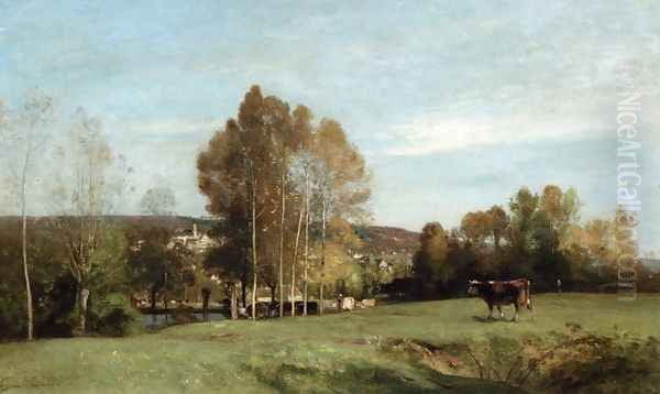 A Landscape with Cows Oil Painting by Eugene-Antoine-Samuel Lavielle