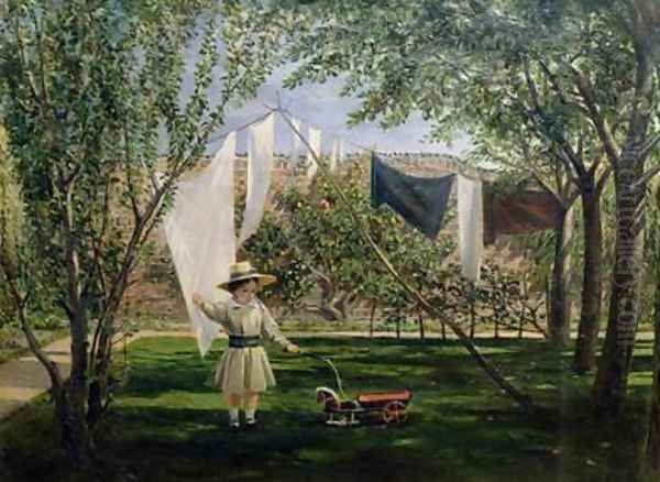 A Garden Scene with a boy the artists son George Dunlop Leslie Oil Painting by Charles Robert Leslie