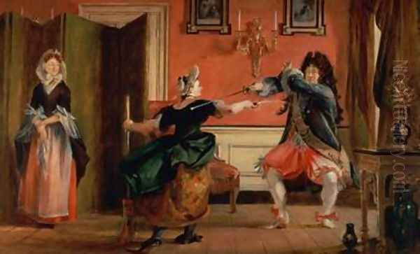 Jourdain Fences his Maid Nicole with his Wife Looking on Oil Painting by Charles Robert Leslie