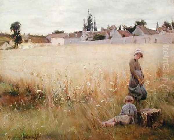 Children in a Field Oil Painting by Henri Alphonse Laurent-Desrousseaux