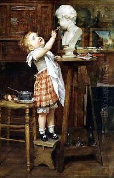 Young Girl Feeding a Statue Oil Painting by Timoleon Marie Lobrichon