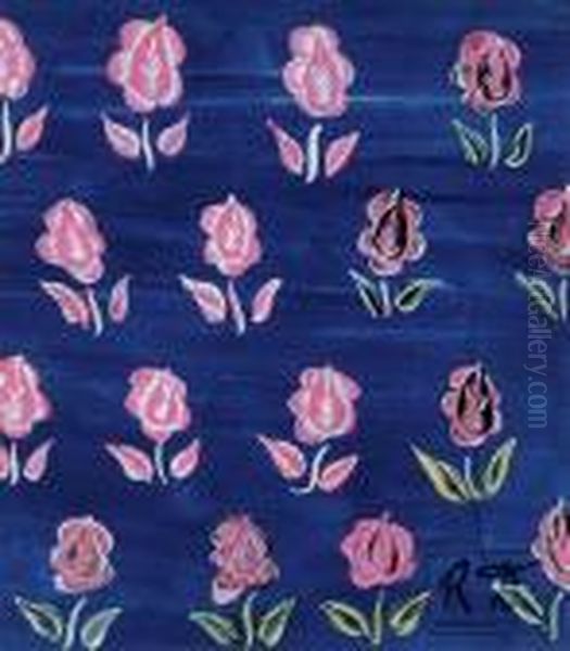 Fleurs Roses Sur Fond Bleu (maquette Pour Un Textile) Oil Painting by Raoul Dufy