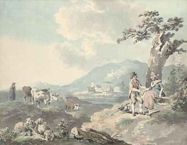 Figures in a landscape with cattle beyond; and Figures by the sea with a donkey Oil Painting by Peter La Cave